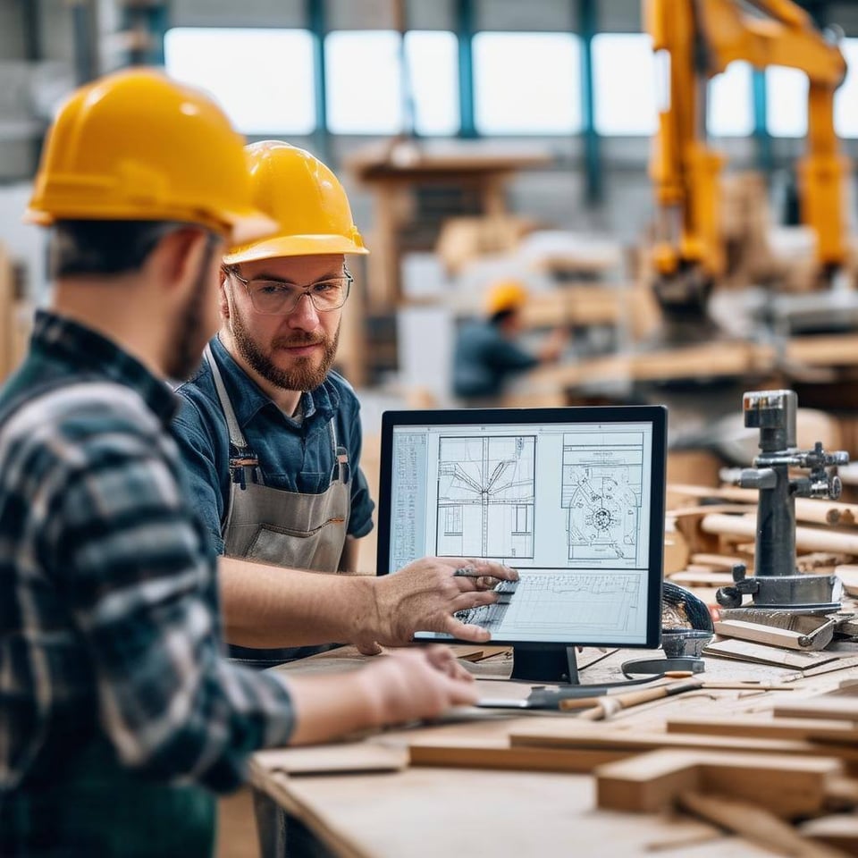 A detailed image of a traditional handcraft workshop transitioning to digital processes, with workers using software for planning, time tracking, and