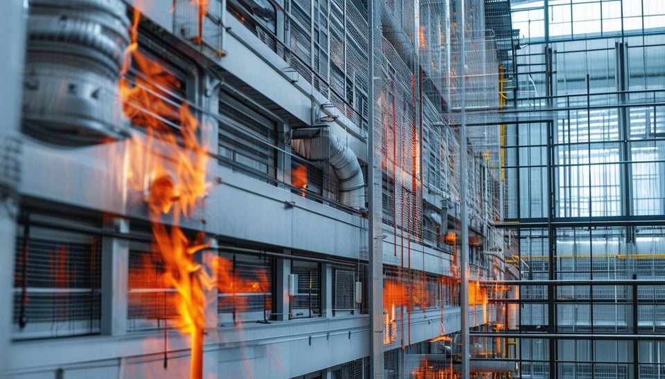 An image of a building with a focus on fire protection measures, specifically fire dampers in ventilation systems, ensuring the safety of occupants an