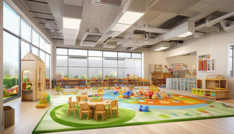 An image of a daycare center with modern ventilation systems improving the air quality for children, reducing allergens, CO2 levels, and infection ris-1