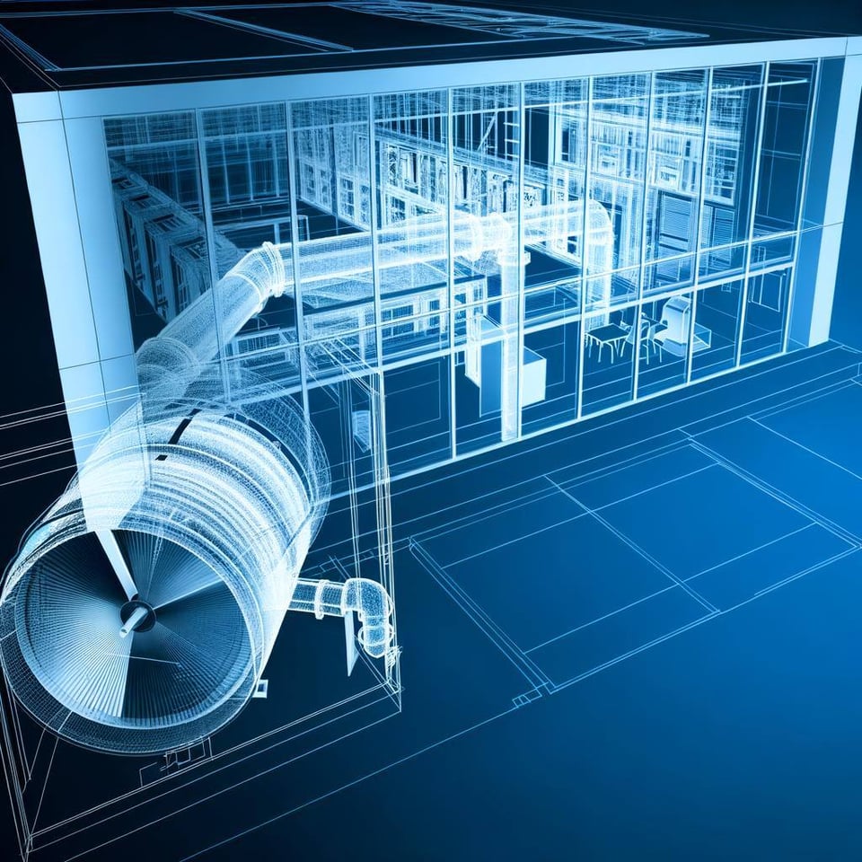 An image of a modern ventilation system with advanced heat recovery technology in a nonresidential building, reducing CO2 emissions and energy consump