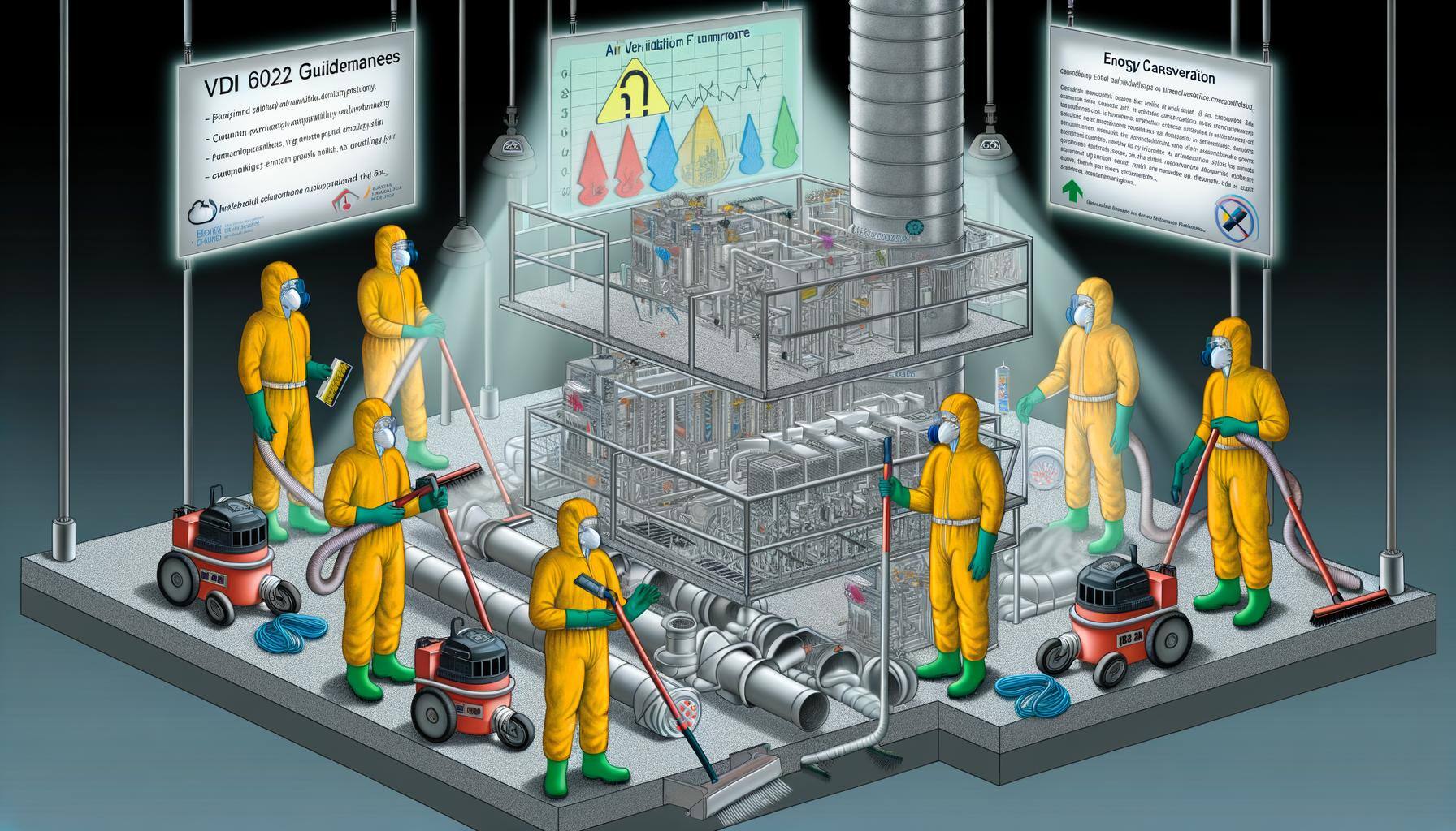 The illustration portrays a proficient team of various descents and genders, garbed in protective apparel such as masks and gloves, scrupulously purif