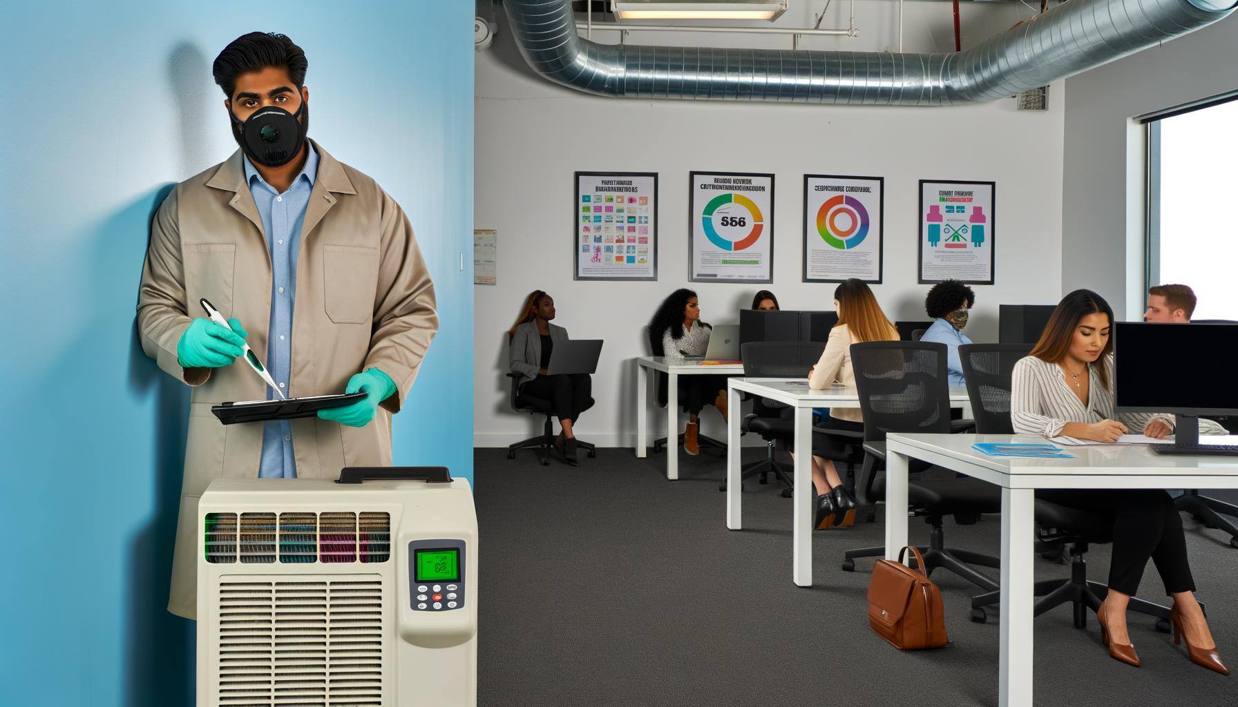 Envision an organized office setting undergoing a professional sanitation inspection. The image should focus on a certified technician of South Asian 