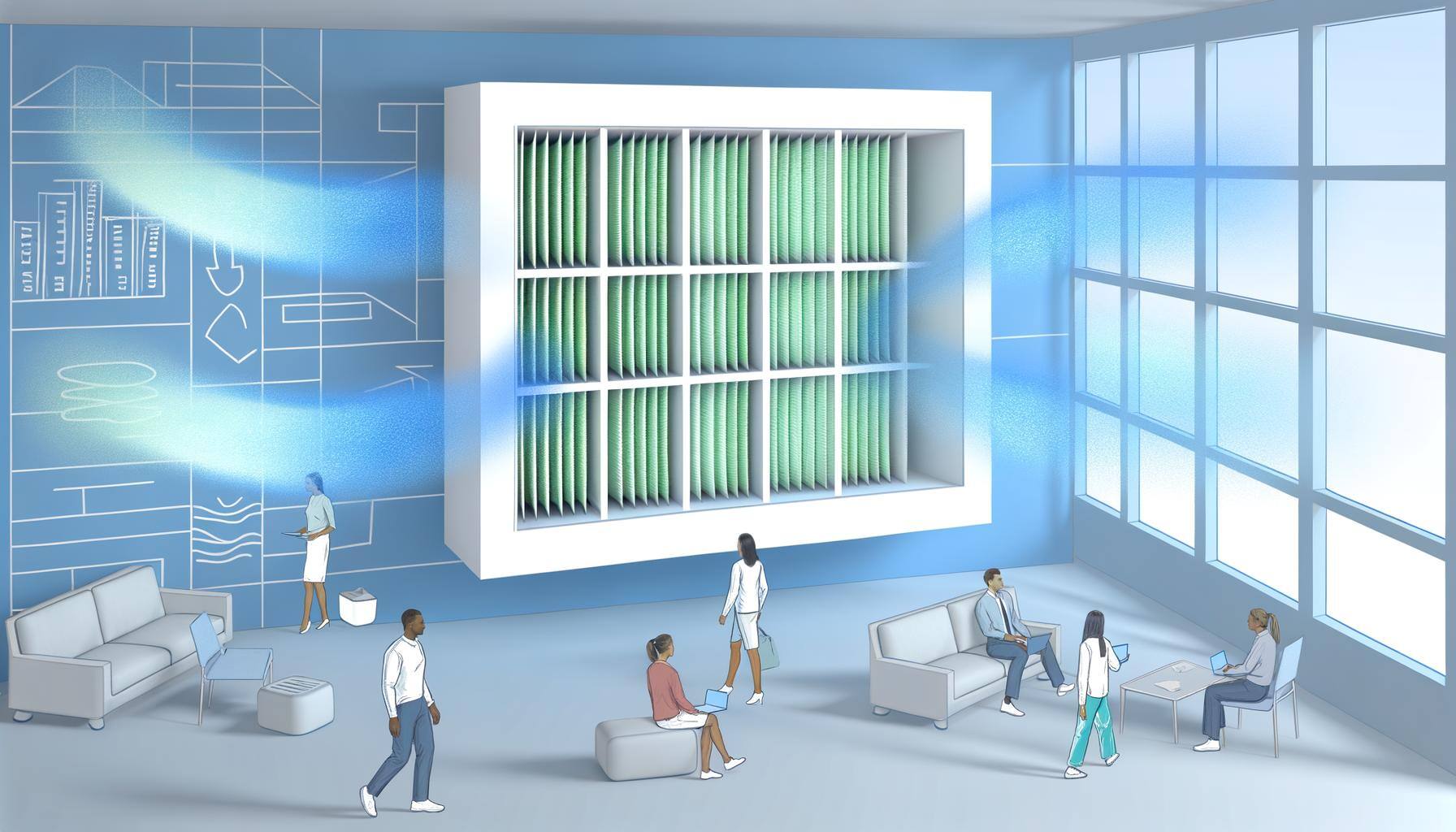 Create an illustration of a clean, contemporary space with visible airflow patterns depicted as soft blue currents wafting through the area. One side 