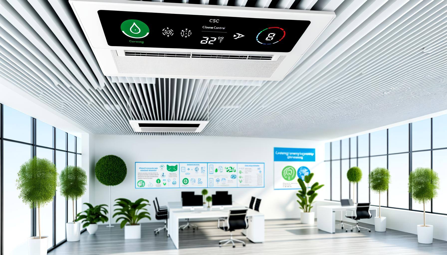 Create an image of a state-of-the-art, sleek climate control and ventilation system situated in a modern office setting. The ceiling should feature ad