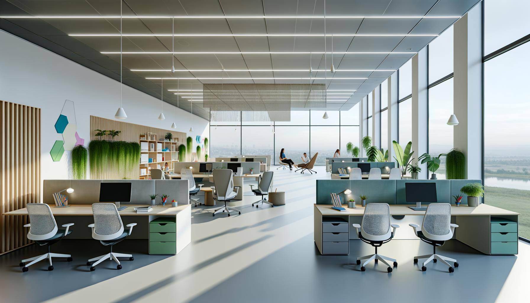 Visualize a contemporary and spacious office, bathed in natural light flowing in through expansive windows. Office furniture is varied, catering to di