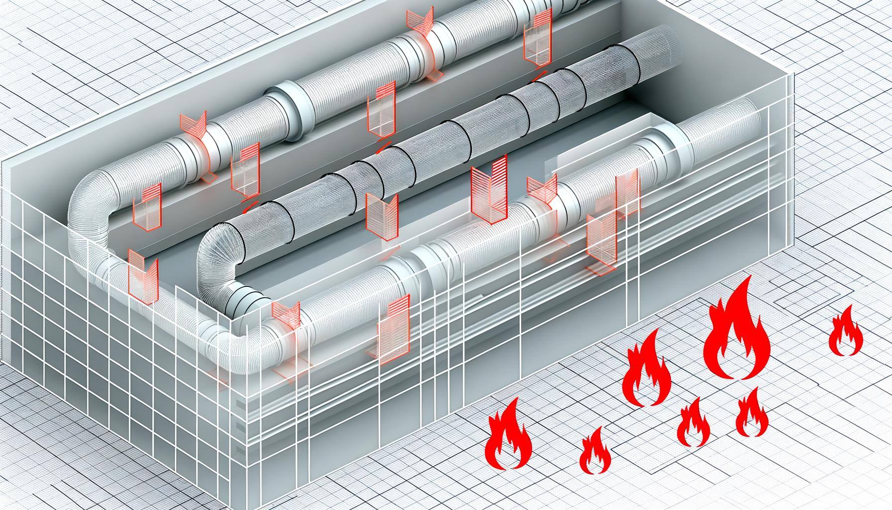 The image showcases a schematic rendering of a contemporary building with a transparent view, emphasizing various fire dampers located within the vent