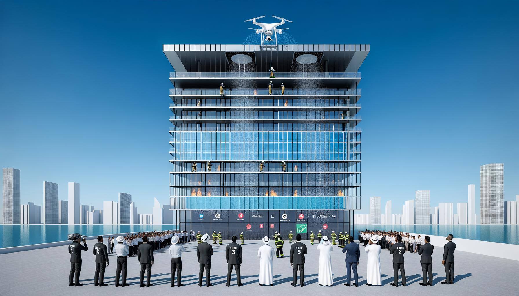 Visualize a modern, towering structure adorned with a sleek, glass facade underneath a pristine sky. This high-rise building incorporates visible fire