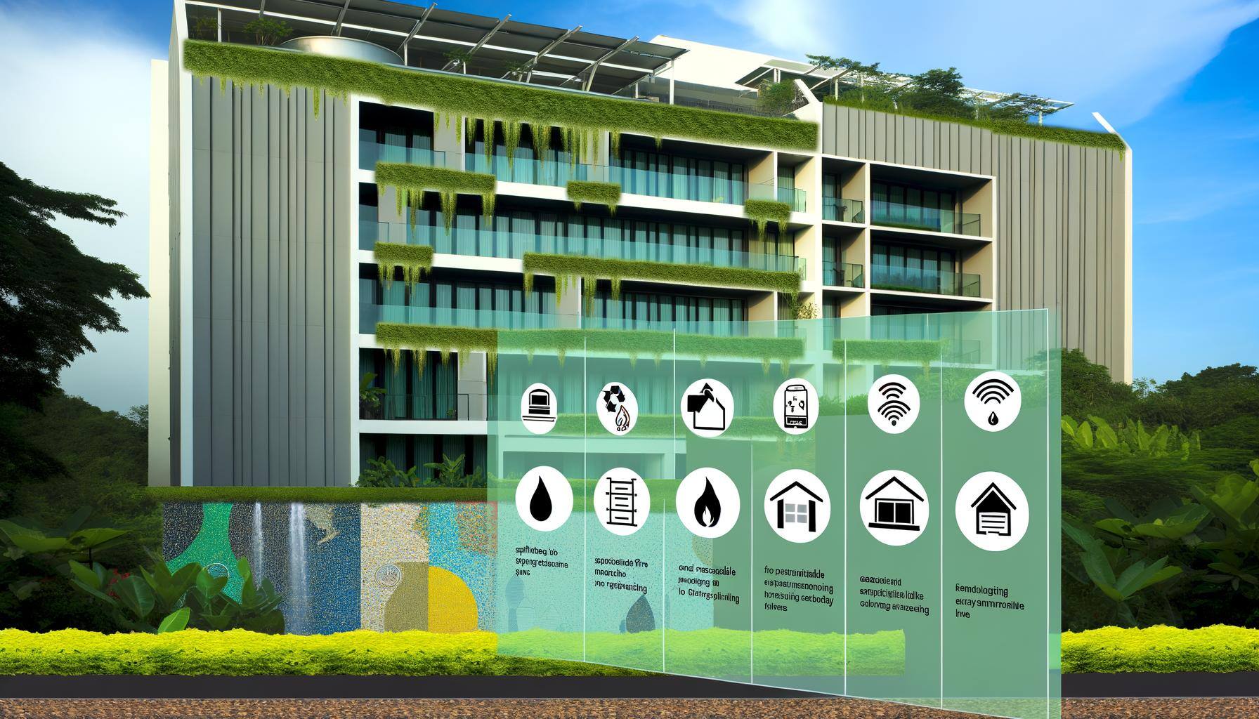 Generate an image of a contemporary-style building, clearly showcasing the advanced fire safety mechanisms like sprinklers and smoke detectors incorpo