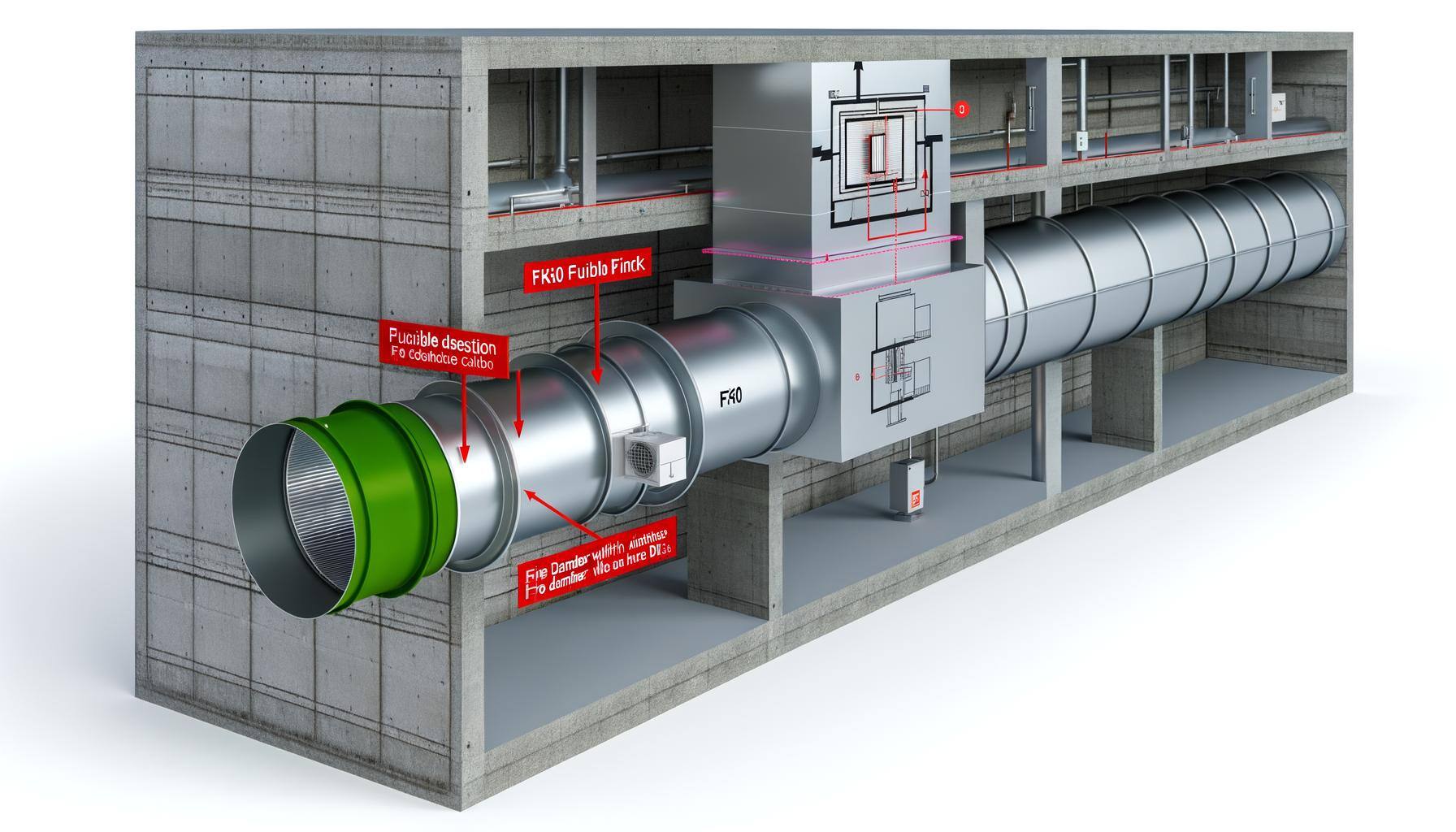 Render a cross-sectional view of a modern building displaying the ventilation system, housings a robust FK90 fire damper within the ductwork, whose fu
