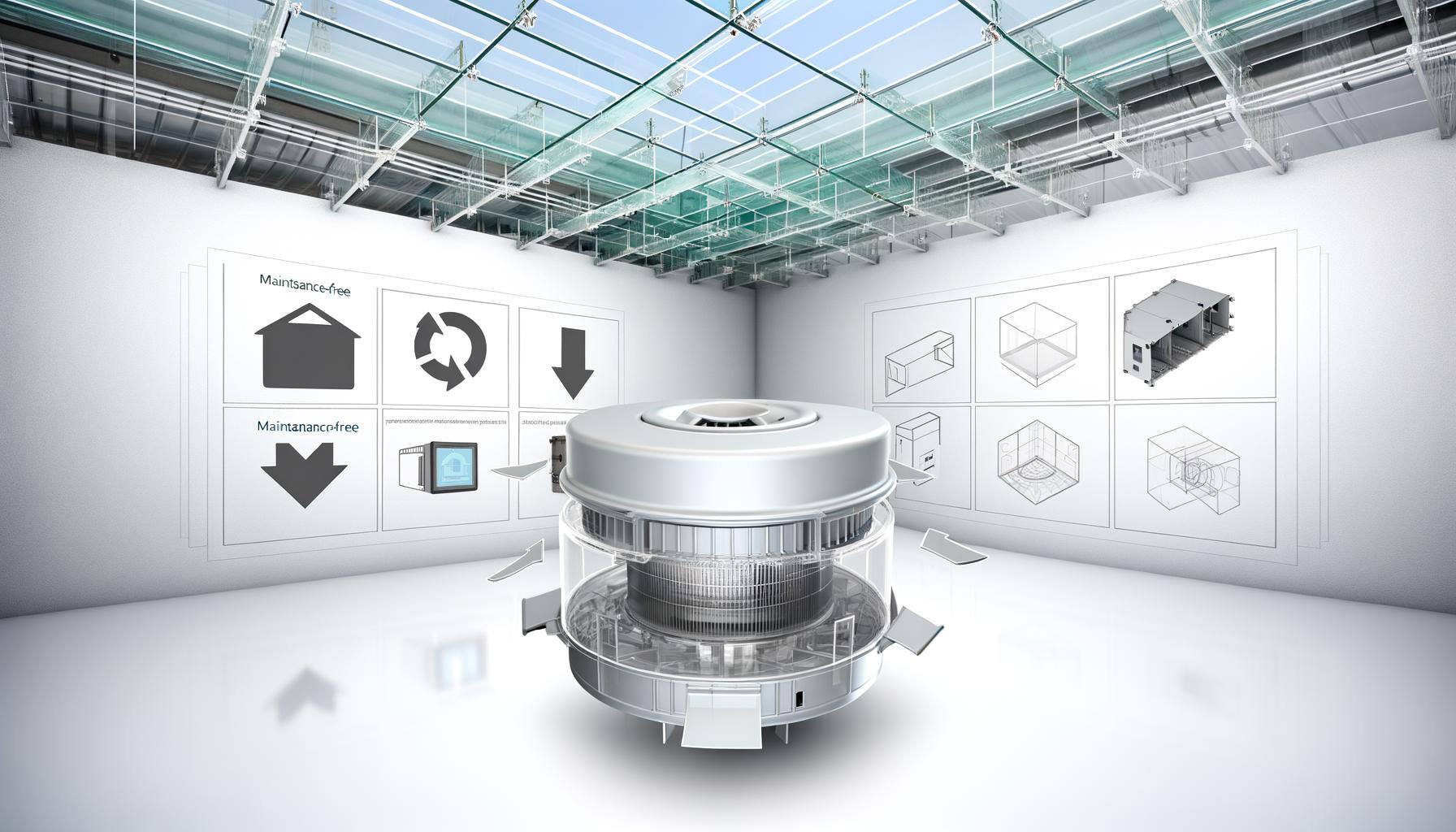 Create an image of a contemporary, immaculate structure with clear walls that reveal a collection of sophisticated fire safety devices inside it. In t