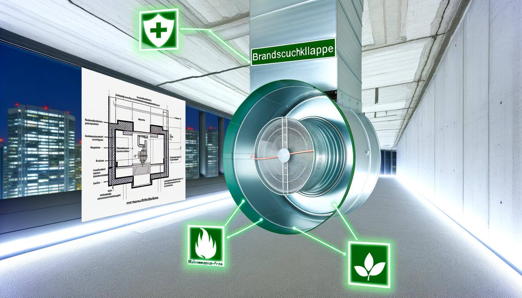 Depict an image of the interior of a contemporary, well-illuminated structure showing its HVAC system and concentrating predominantly on a fire damper