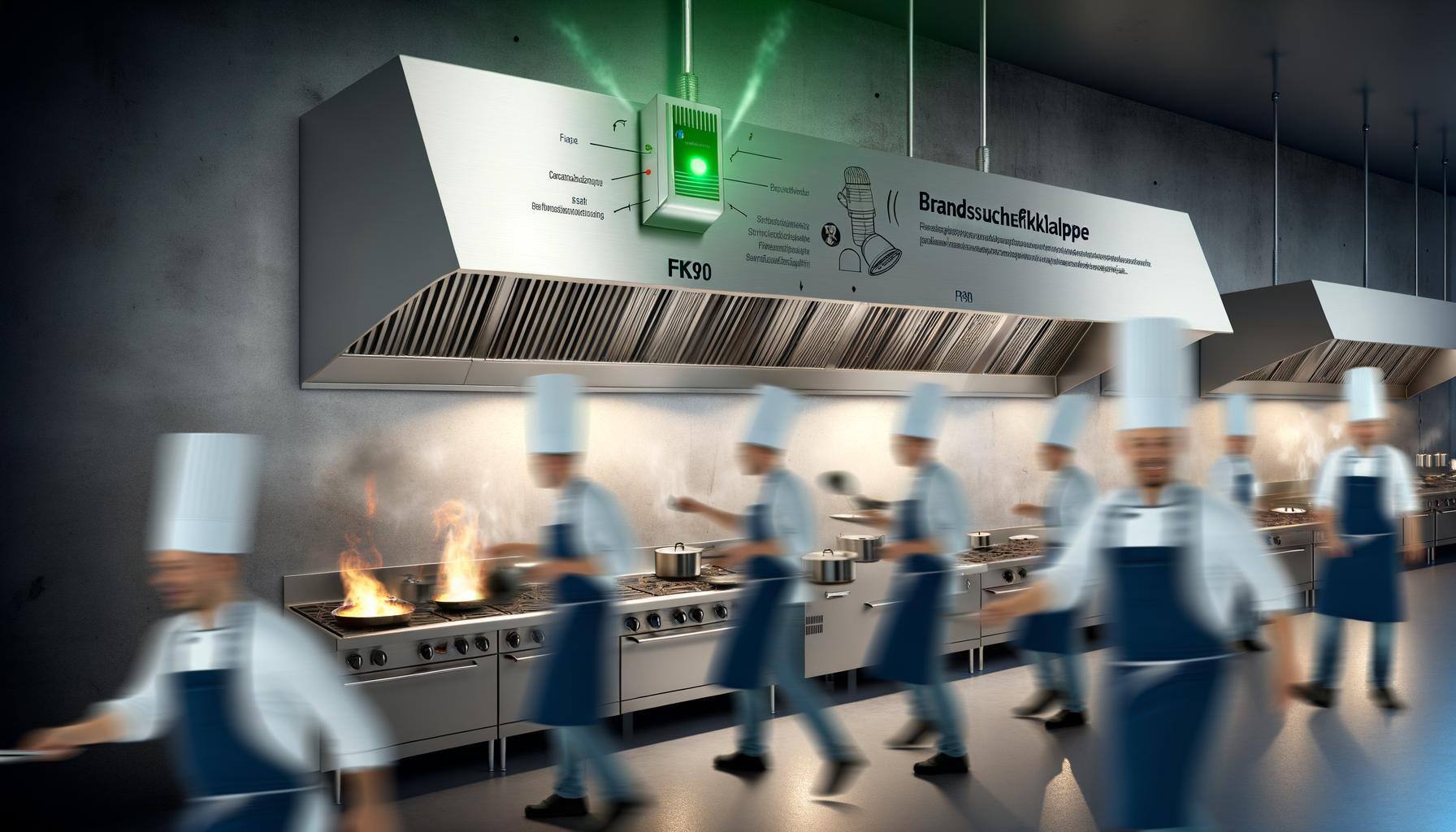 Visualize a bustling modern commercial kitchen brimming with activity, orchestrated by a diverse group of chefs. At its heart is a large, gleaming, st