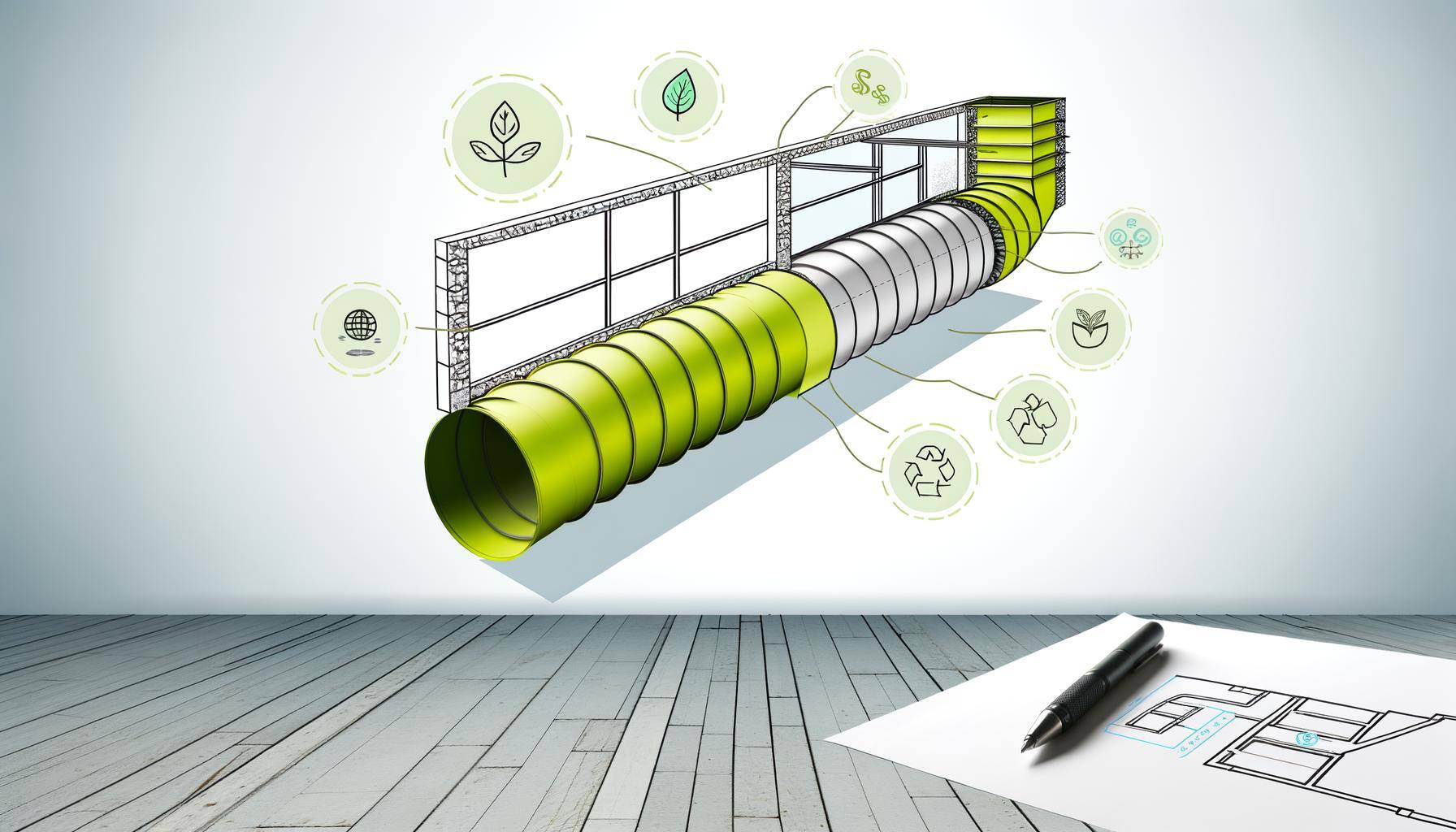 Create an illustration showing the cross-section of a contemporary architectural structure, prominently featuring its air ventilation system. The duct
