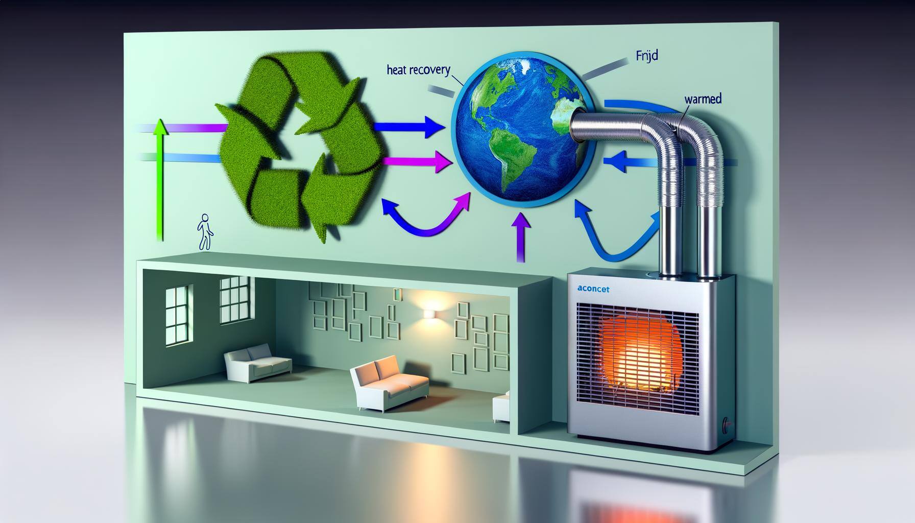 Create a detailed cross-section view of a contemporary household equipped with a hi-tech ventilation system. At the core of the scene, illustrate a co