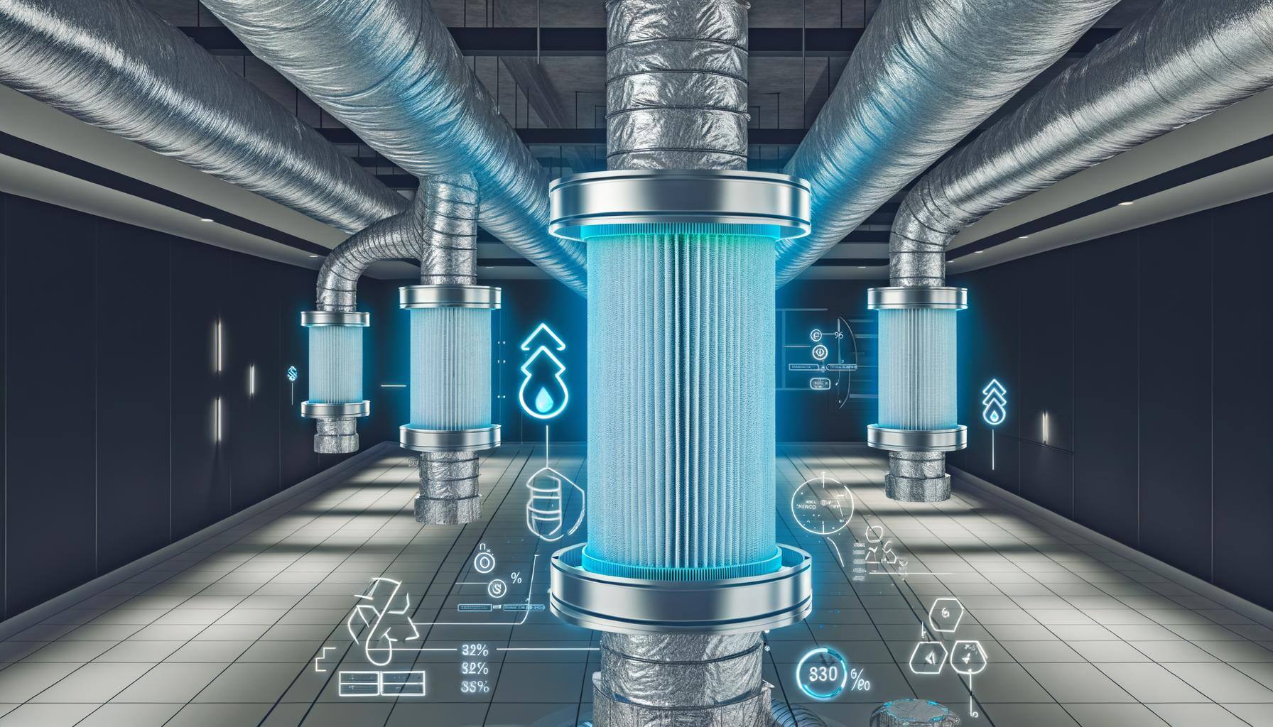 Depict a complex, modern HVAC (Heating, Ventilation, and Air Conditioning) system featuring advanced air filters remarkably integrated into the ductwo