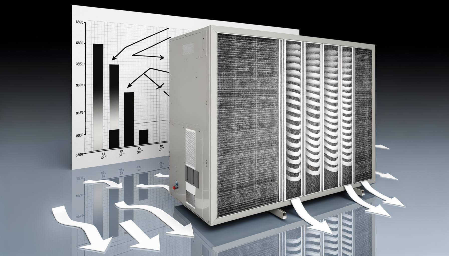 Illustrate an image of a large, modern air handling unit with a sleek design. It features unmistakable, high-tech NanoWave filters that boast a dense,