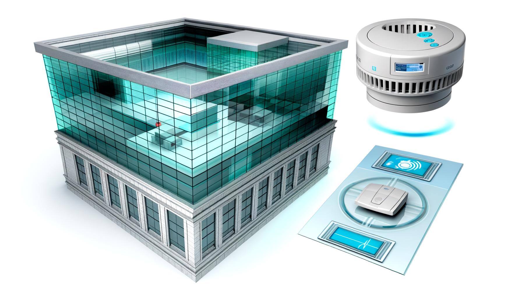 Illustrate a futuristic-style edifice showcasing a prominent design of large glass windows and a refined exterior. Inside, a generic yet state-of-the-