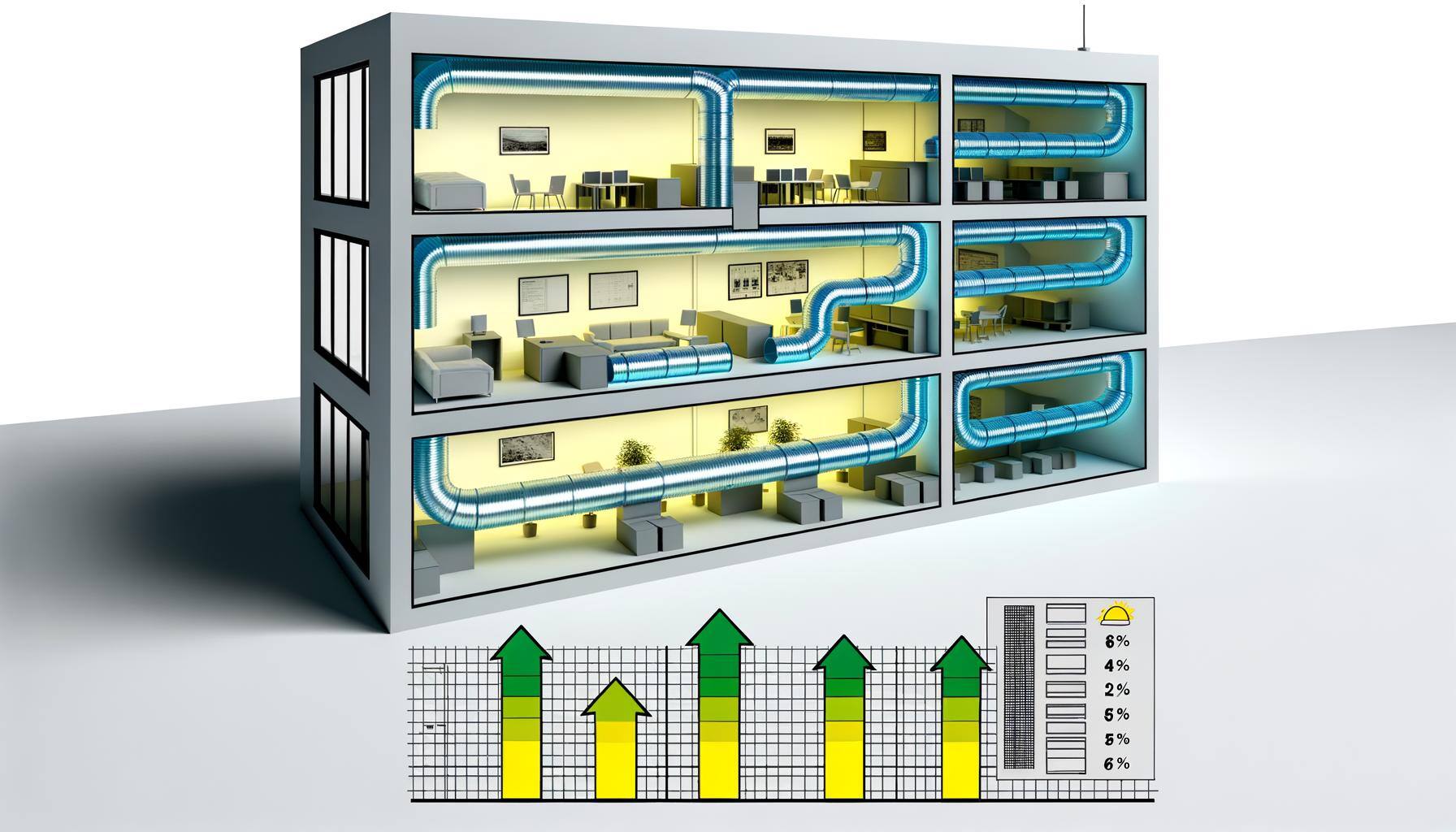Create an image of a cross-section of a building with distinct rooms such as an office, a living space, and a commercial area. Visible in each room is