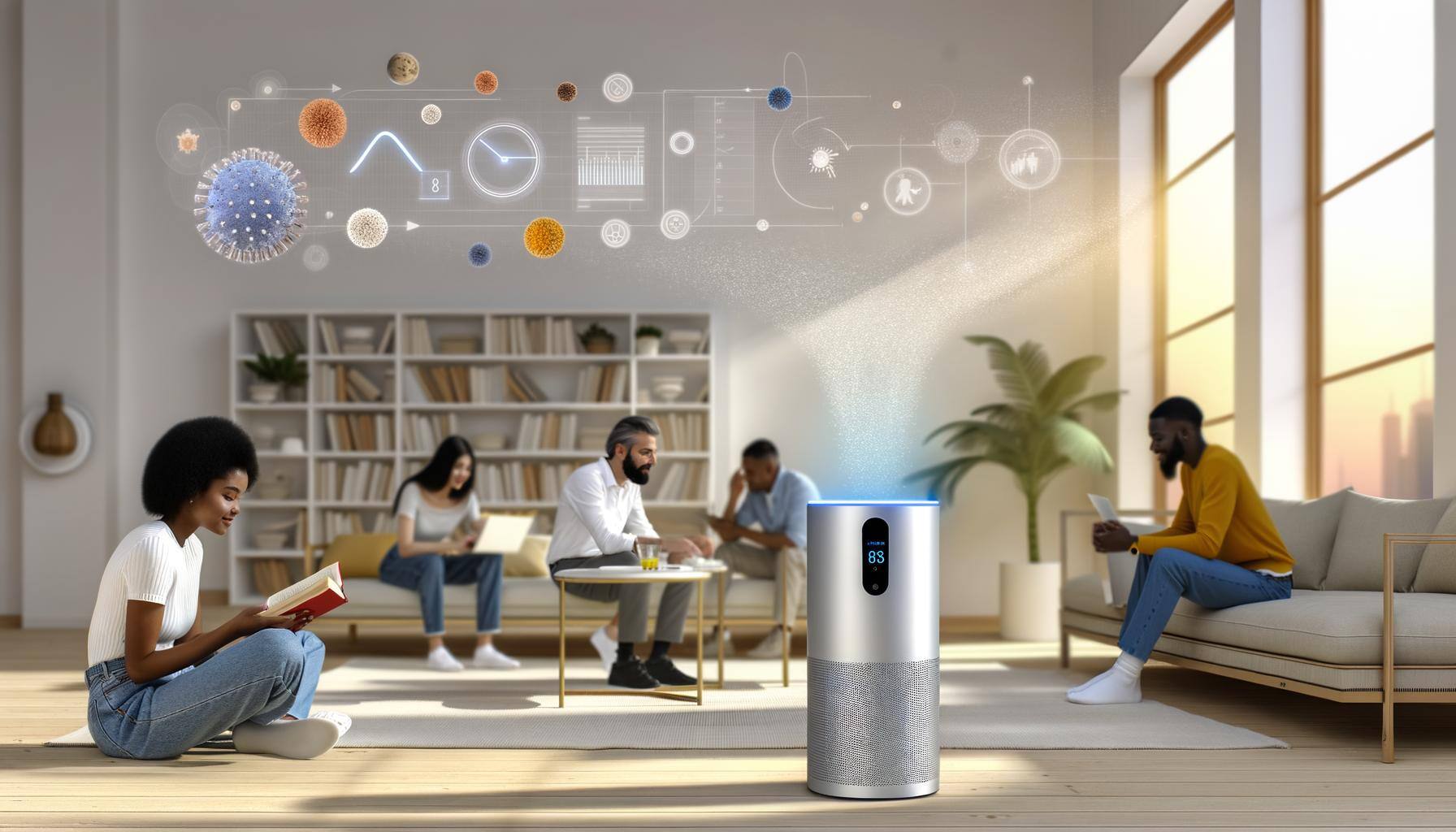 A spacious, sunlit room is filled with a diverse group of individuals engaging in various activities at safe distances apart. A Caucasian woman is see