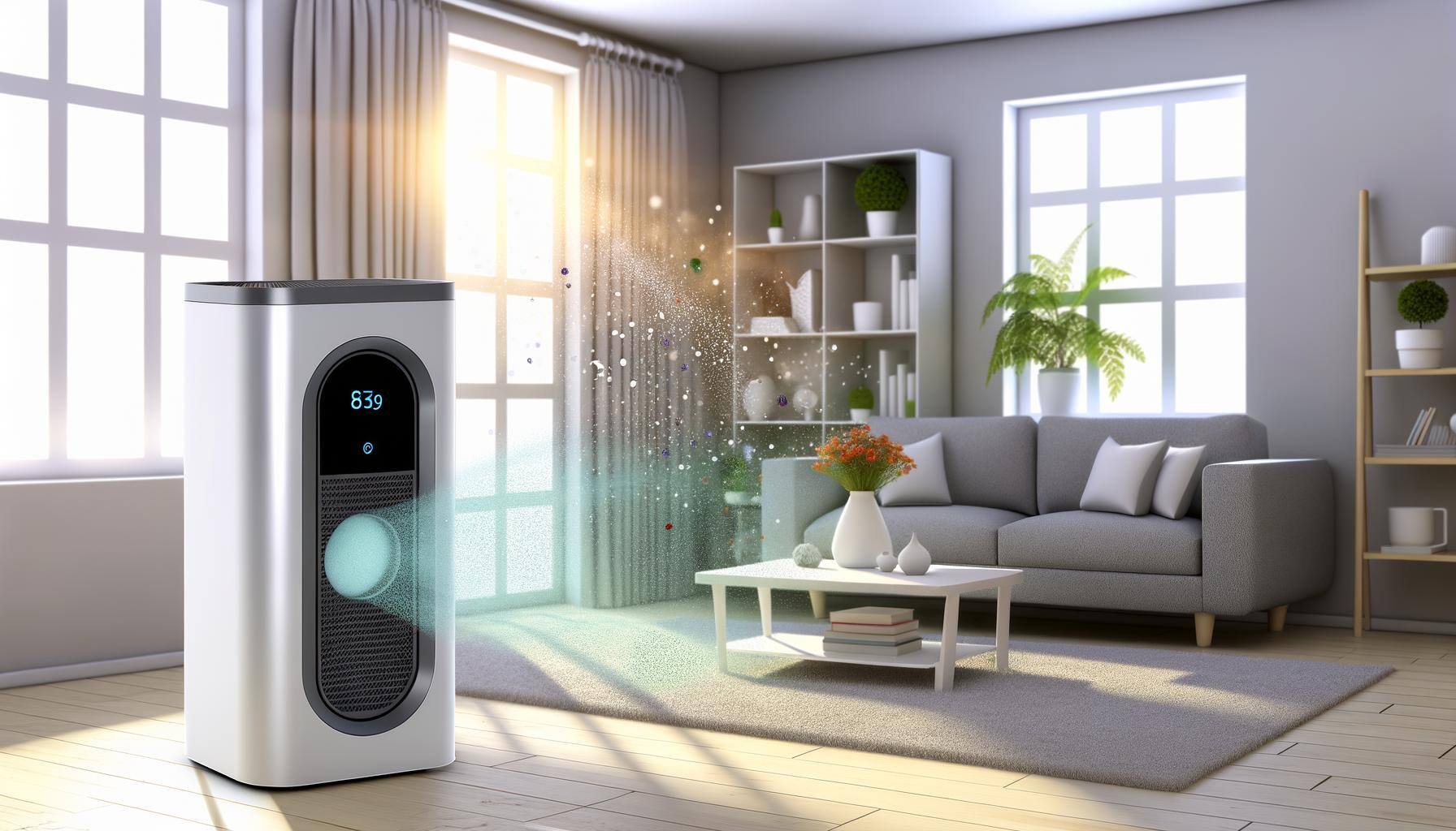 Visualize a sleek, modern air purifier placed in a snug, well-lit living room. The air purifier is currently active, and an observable airflow path ex