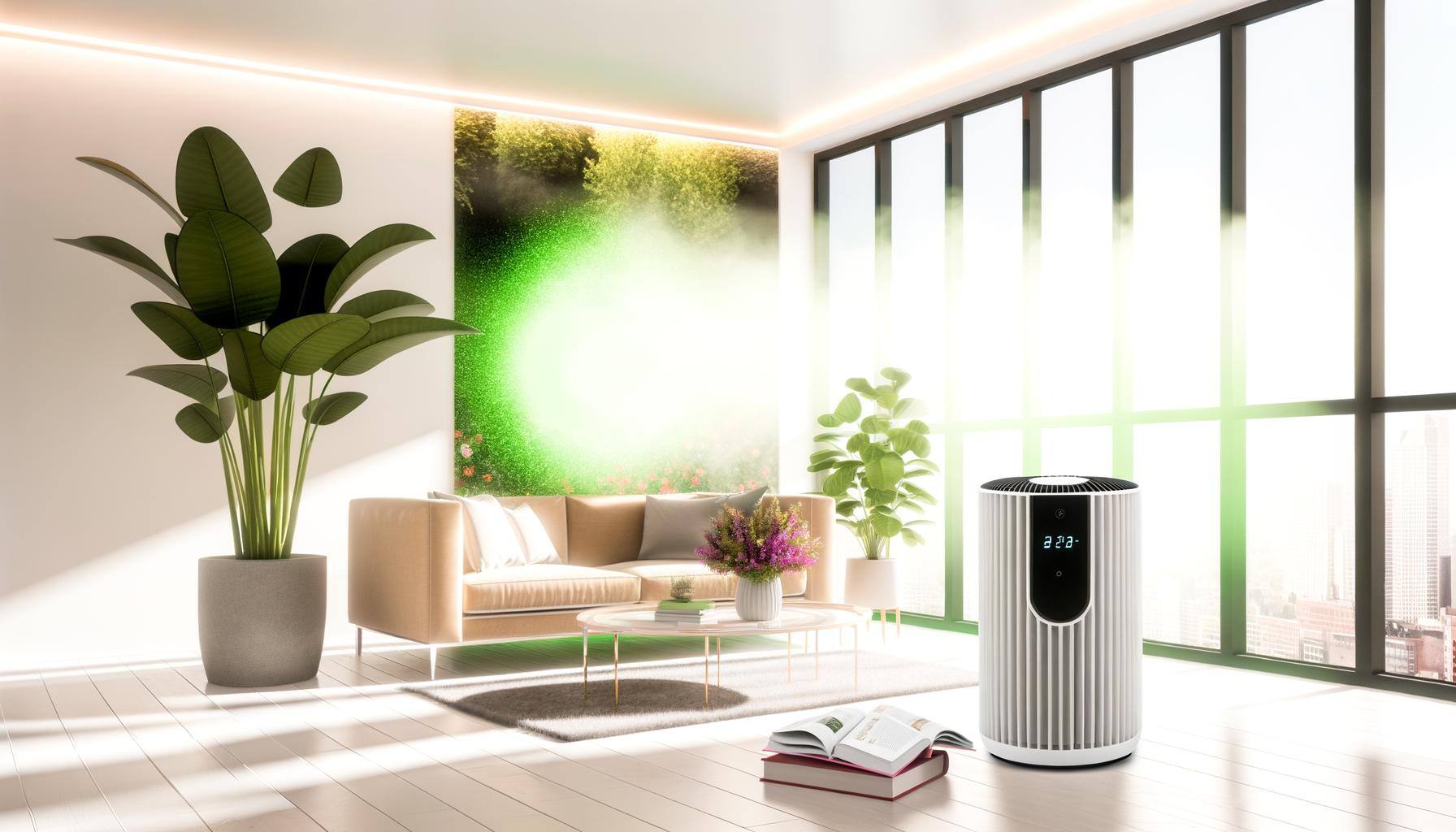 Create a visual representation of a brightly lit living room filled with large, verdant plants placed in strategic locations. There is a sleek, modern