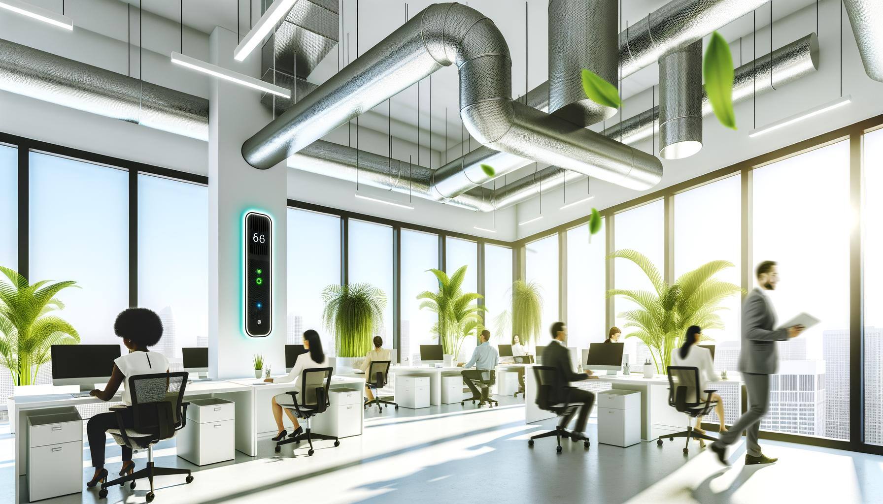 Visualize a luminous, contemporary office environment, illuminated amply by natural light streaming through expansive windows. A cutting-edge, wall-at