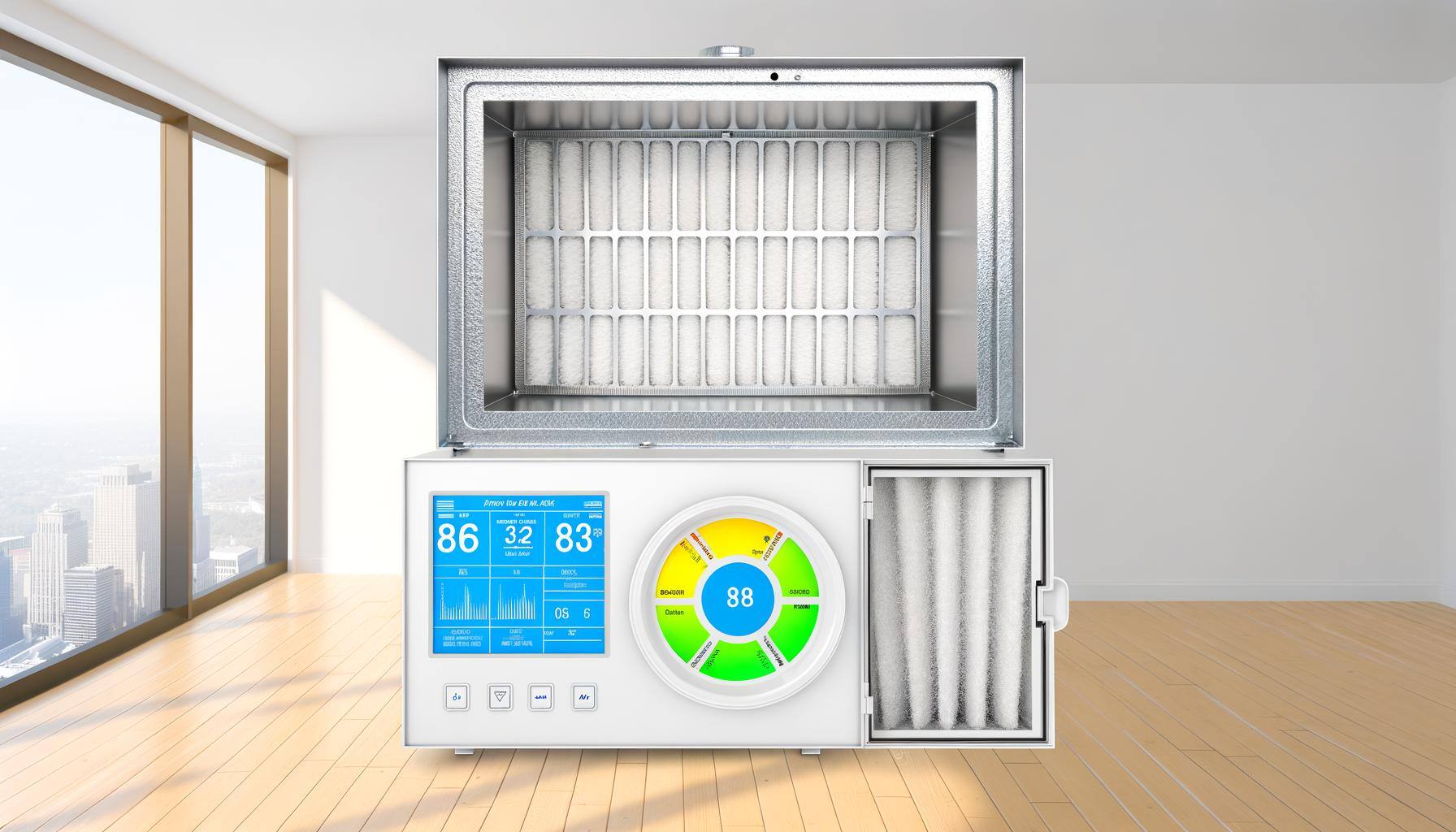 Create an image showcasing an open ventilation system installed inside an indoor setting. There is a new and clean air filter fitting snuggly within t