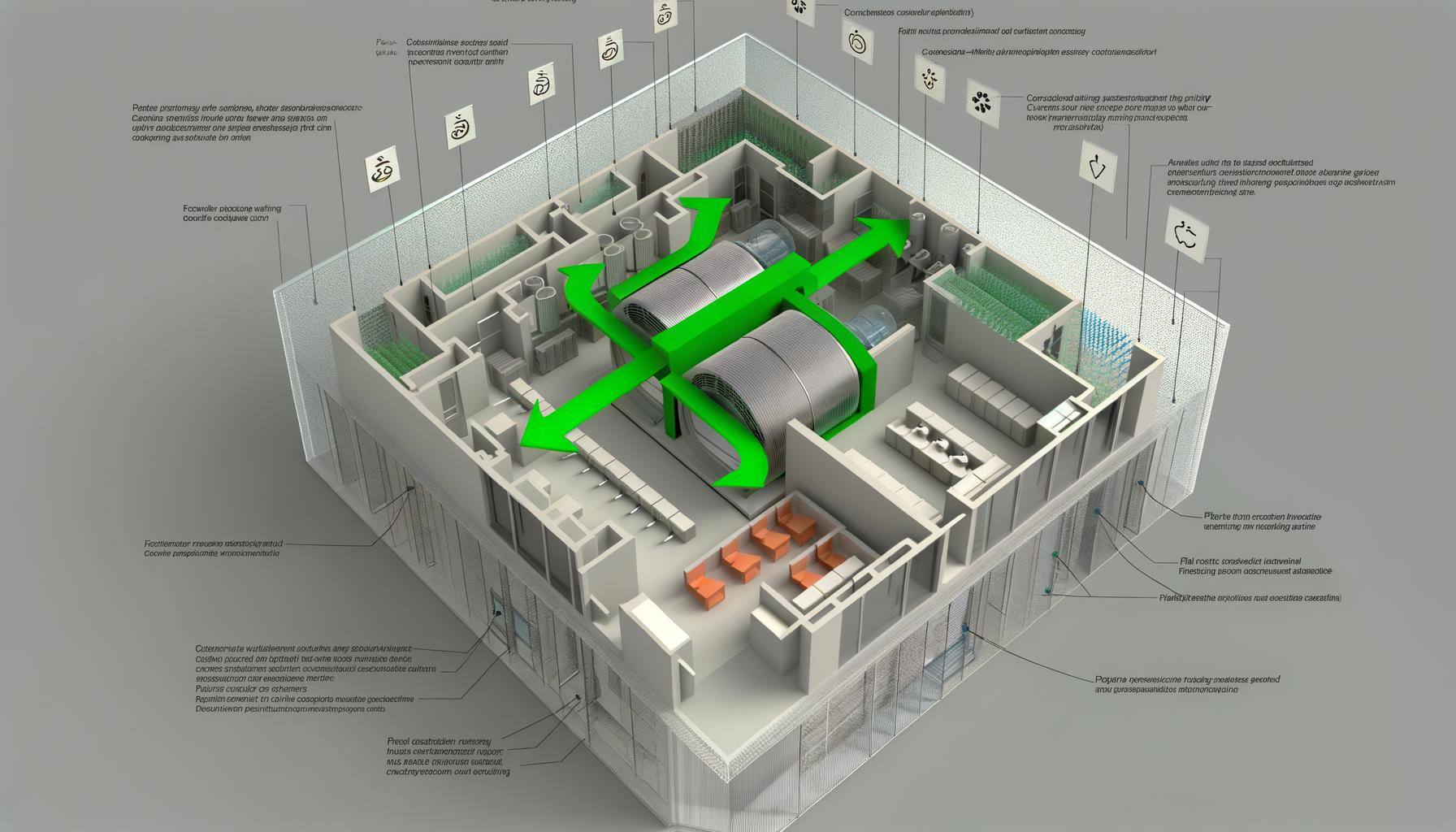 Generate an image featuring the cutaway view of a contemporary structure that emphasizes the placed ventilation systems. The focal point is a large, e