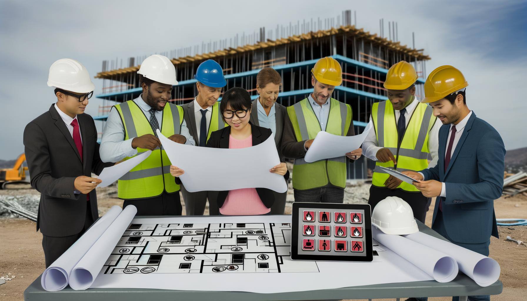 Depict a bustling construction site, with diverse engineers and architects of Hispanic, Caucasian, Asian, and Black descent, equally distributed acros