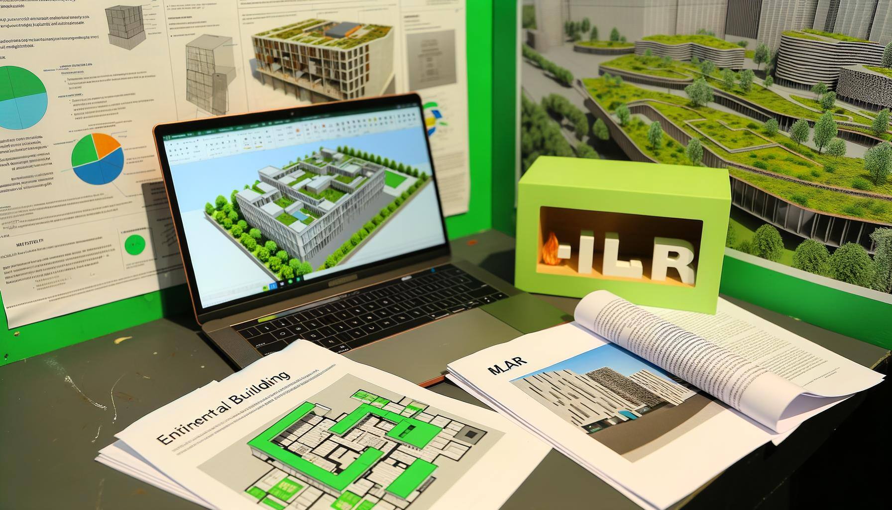 A detailed and informative architect"s workspace is on display. The desk is strewn with blueprints and a laptop, the latter revealing 3D models of fut