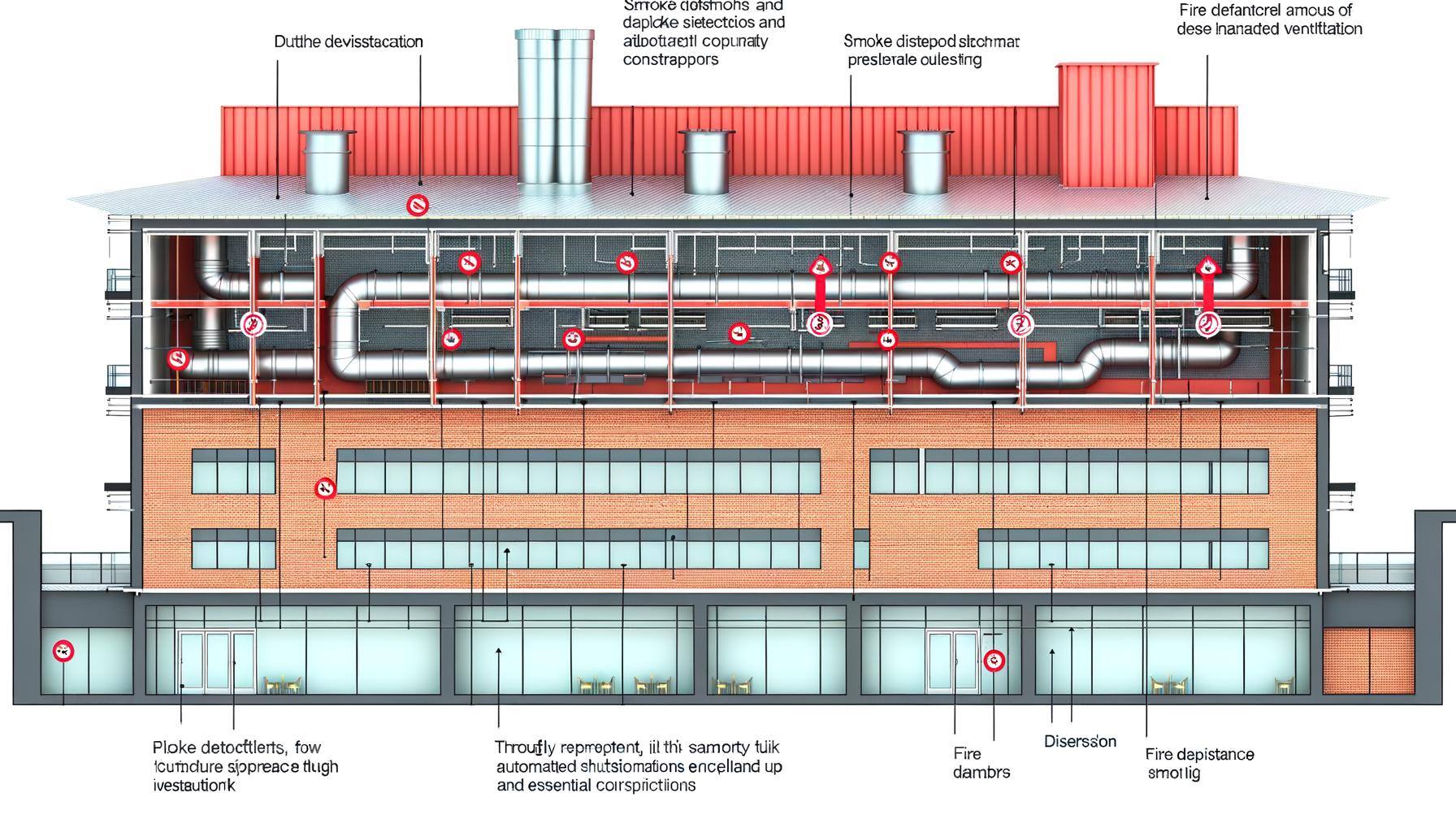 Create a detailed cross-section image of a modern building equipped with an advanced ventilation system. Thoroughly represent ducts that are installed