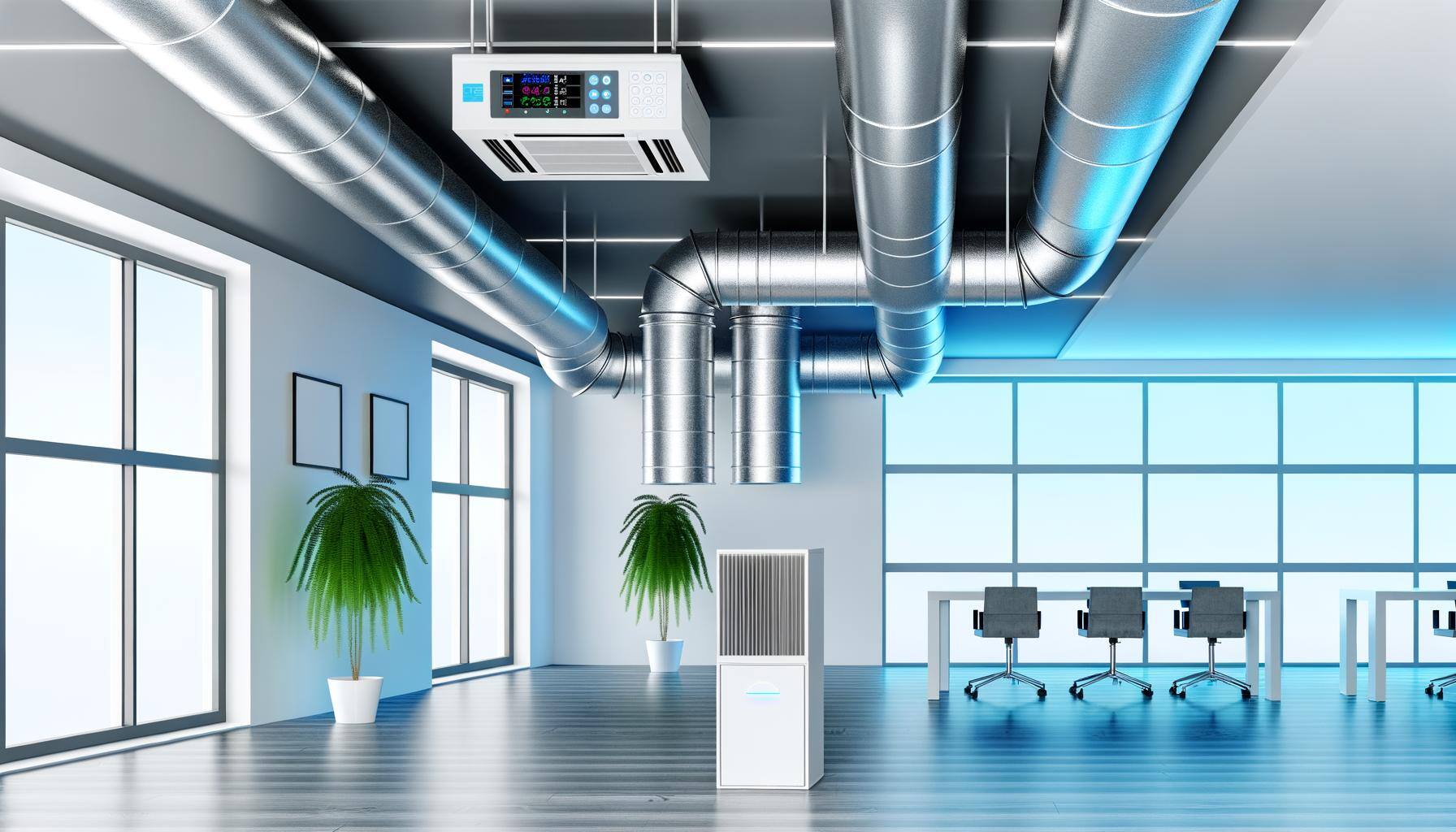 The image portrays a modern mechanical ventilation system situated in a brightly illuminated room. Prominent are large ventilation pipes running acros