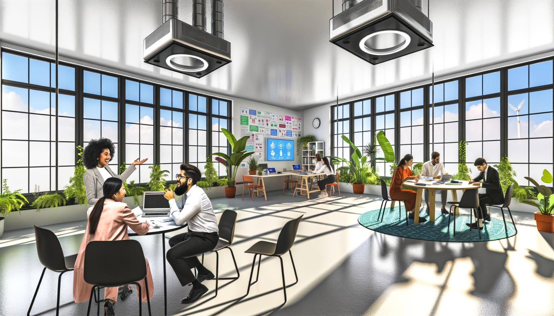 Visualize a contemporary office space characterized by large windows inviting lots of sunlight. Indoor plants are distributed around the room to boost