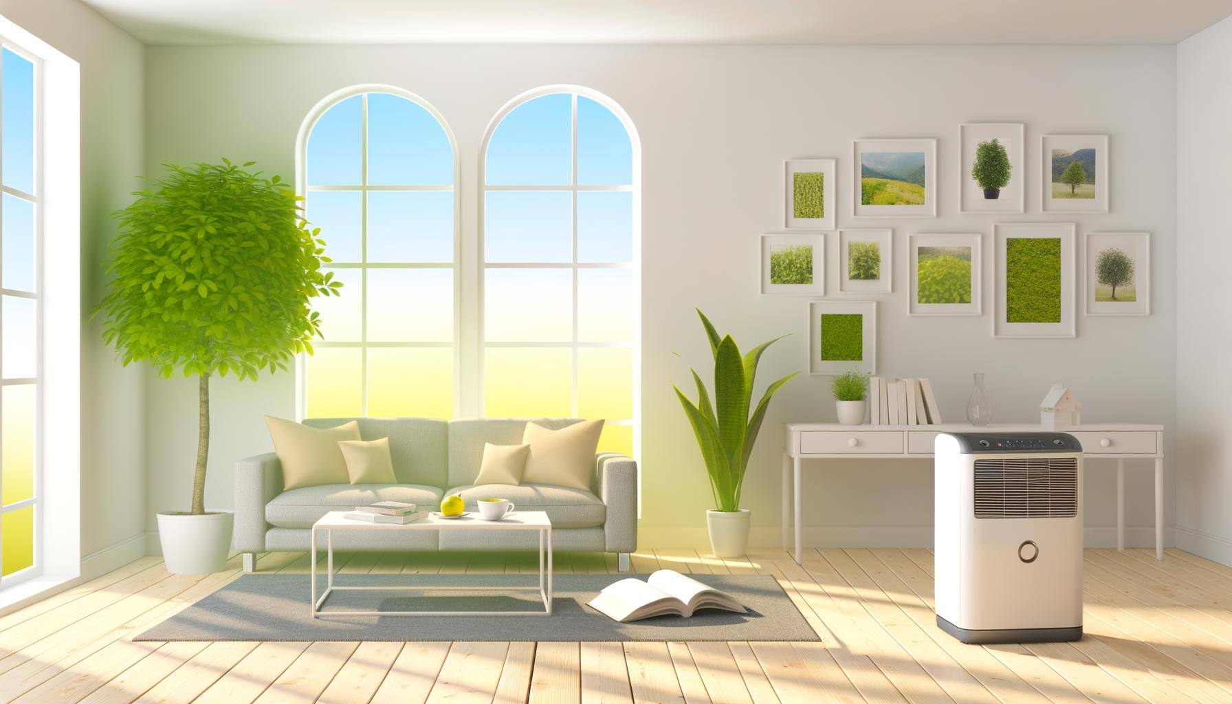 Visualize a brightly lit living room with large windows through which daylight streams. At the center of the room is a comfortable, modern couch, surr