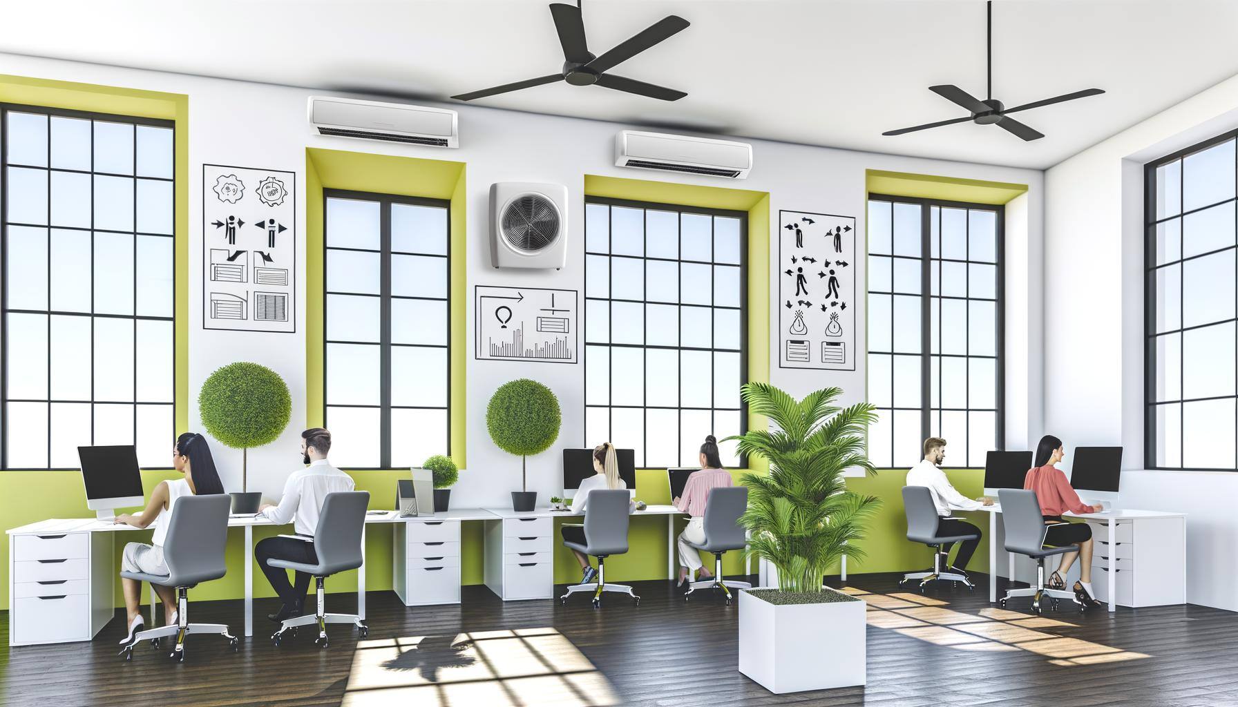 A bright, modern office space with large windows through which daylight streams. Plants stand on the windowsills, bringing fresh greenery into the roo