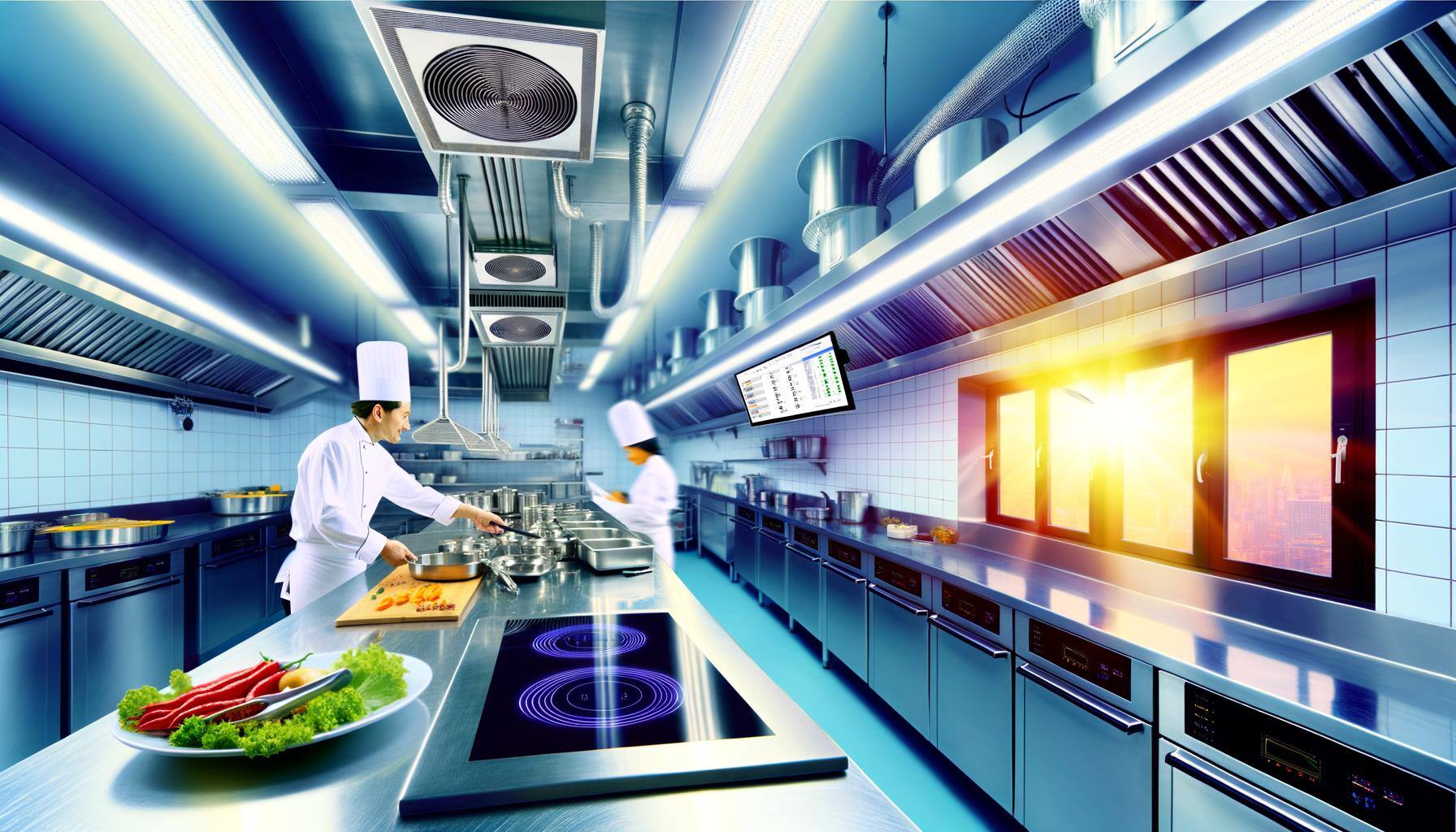 Envisage an image of a contemporary restaurant kitchen teeming with movement. Gleaming stainless steel kitchen appliances, comprising energy-saving ov