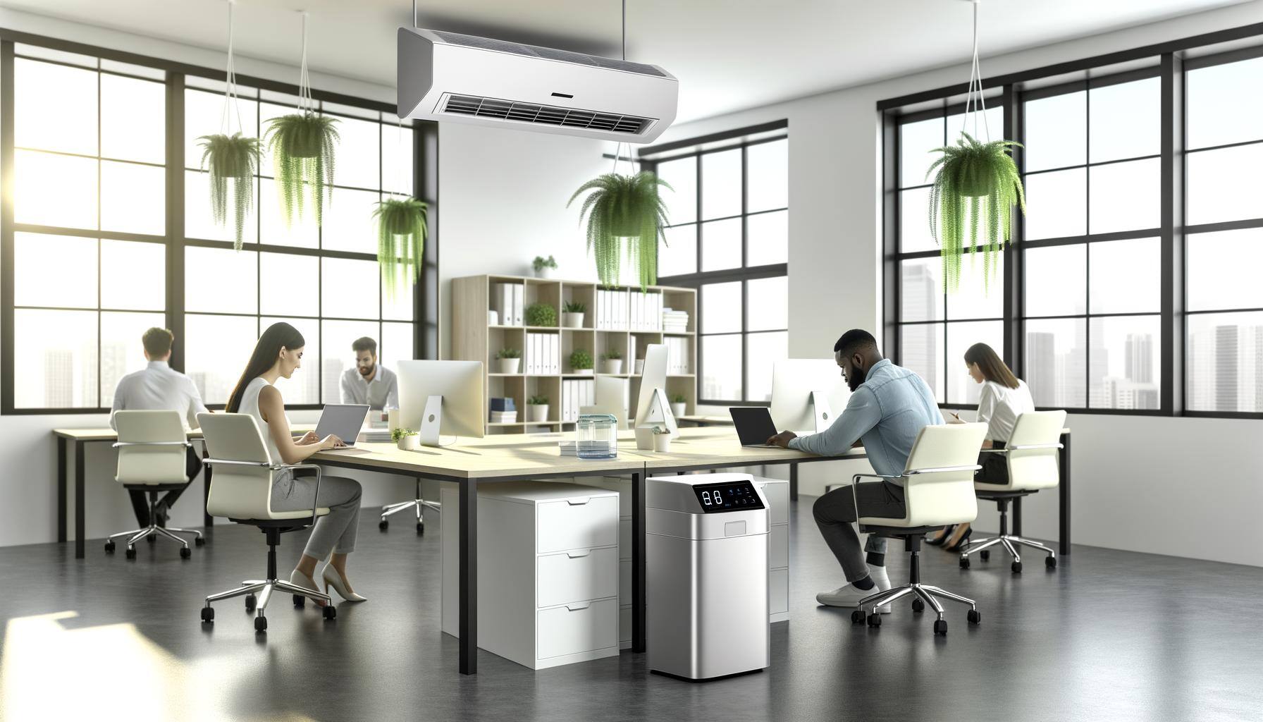 A modern office with large windows, through which sunlight is streaming in. In the middle of the room is a sleek, custom-made air conditioning and ven