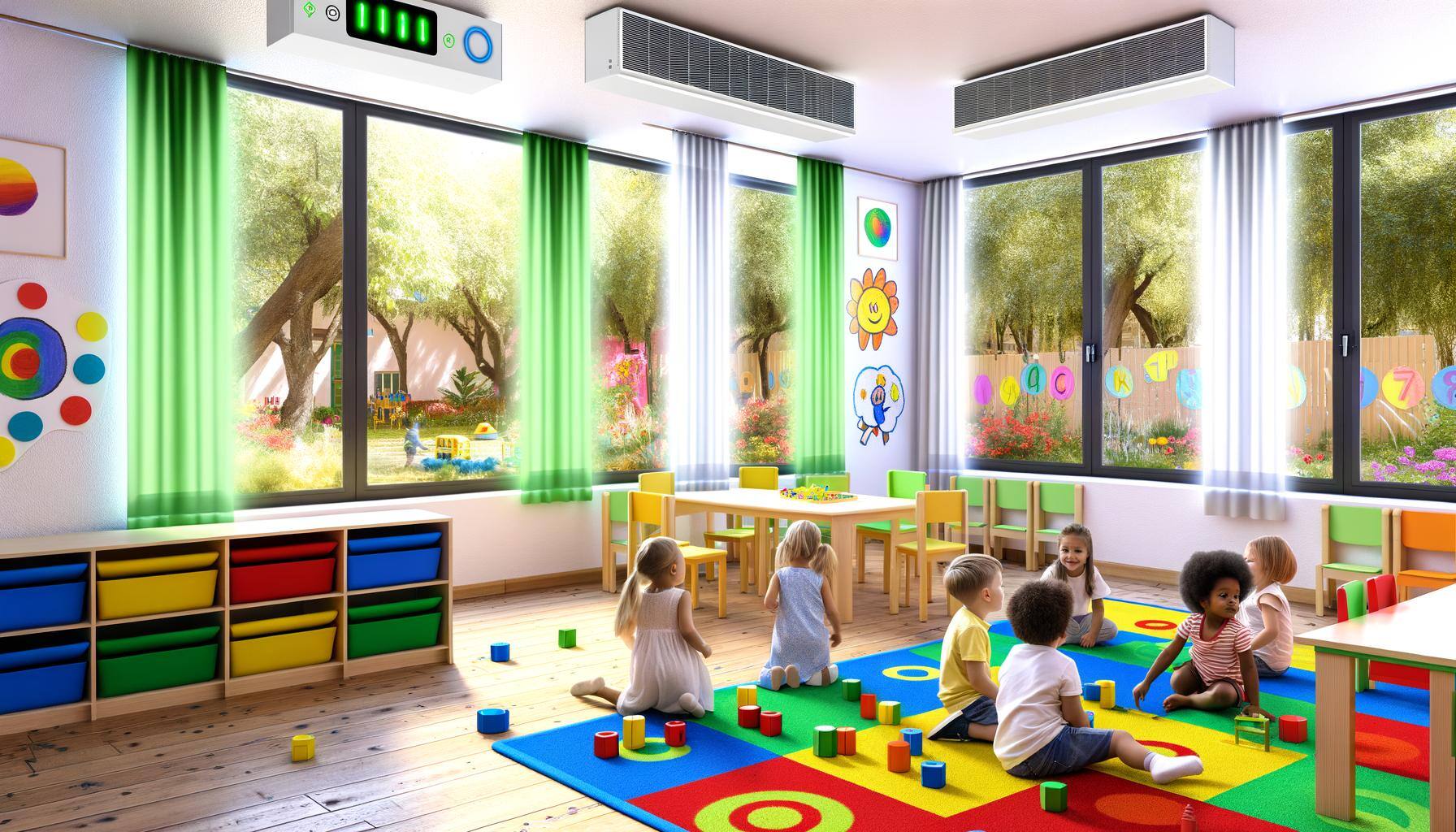 The image showcases a bright, inviting atmosphere in a daycare center filled with colorful playmats and child-friendly furniture. Large windows usher