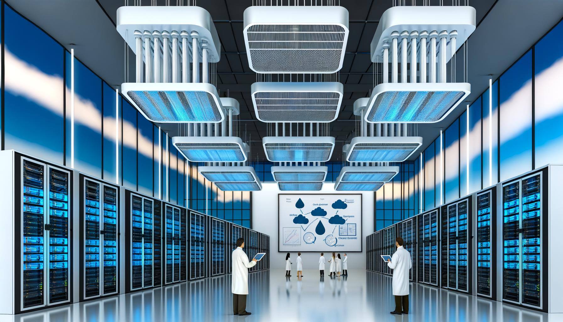 The image illustrates a modern data center comprising lengthy rows of server racks uniformly positioned in a spacious, well-lit area. Hanging from the