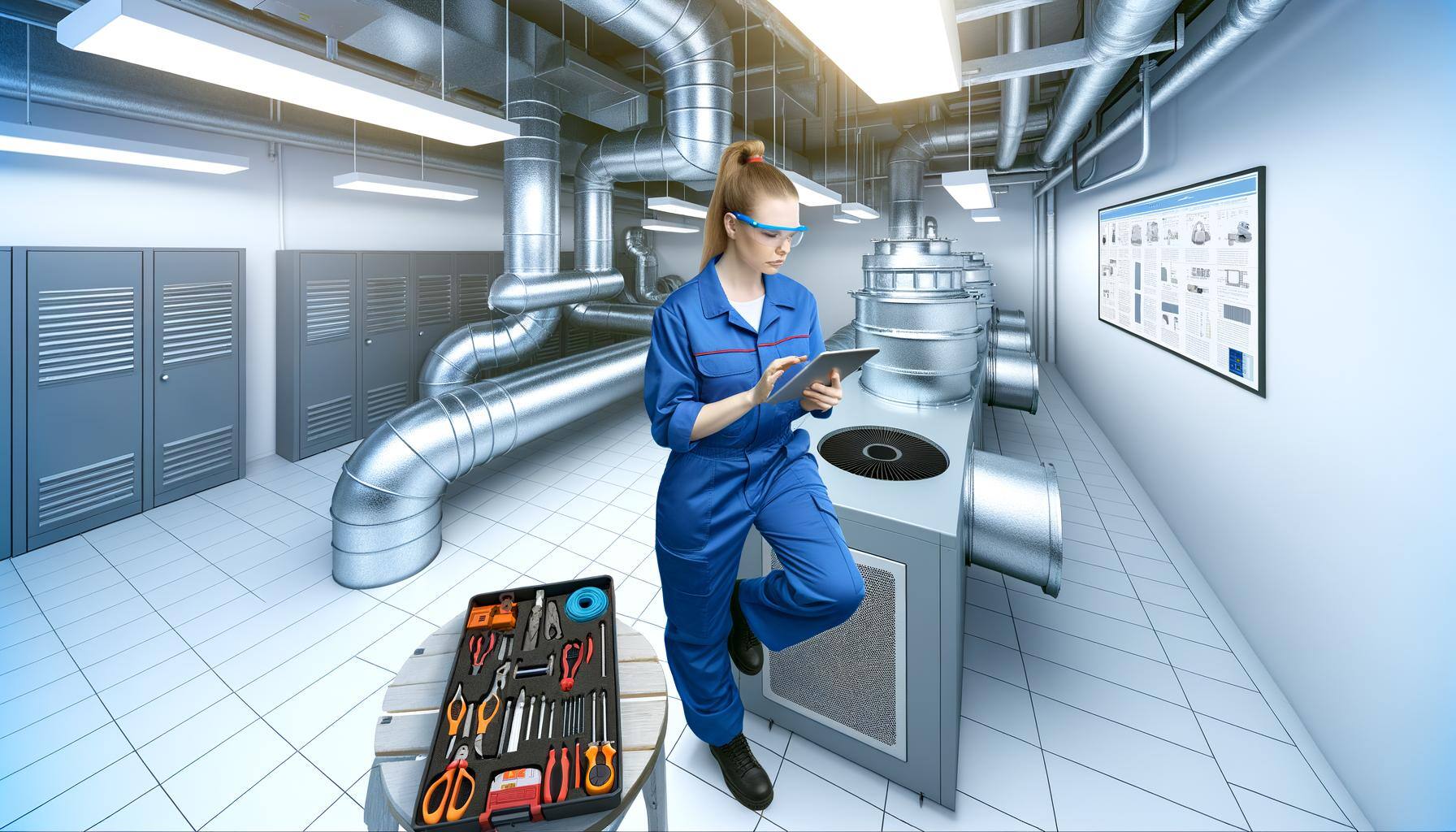 Visualize a scene of a Caucasian female technician in a bright, organized mechanical room filled with various climate control equipment like an air co