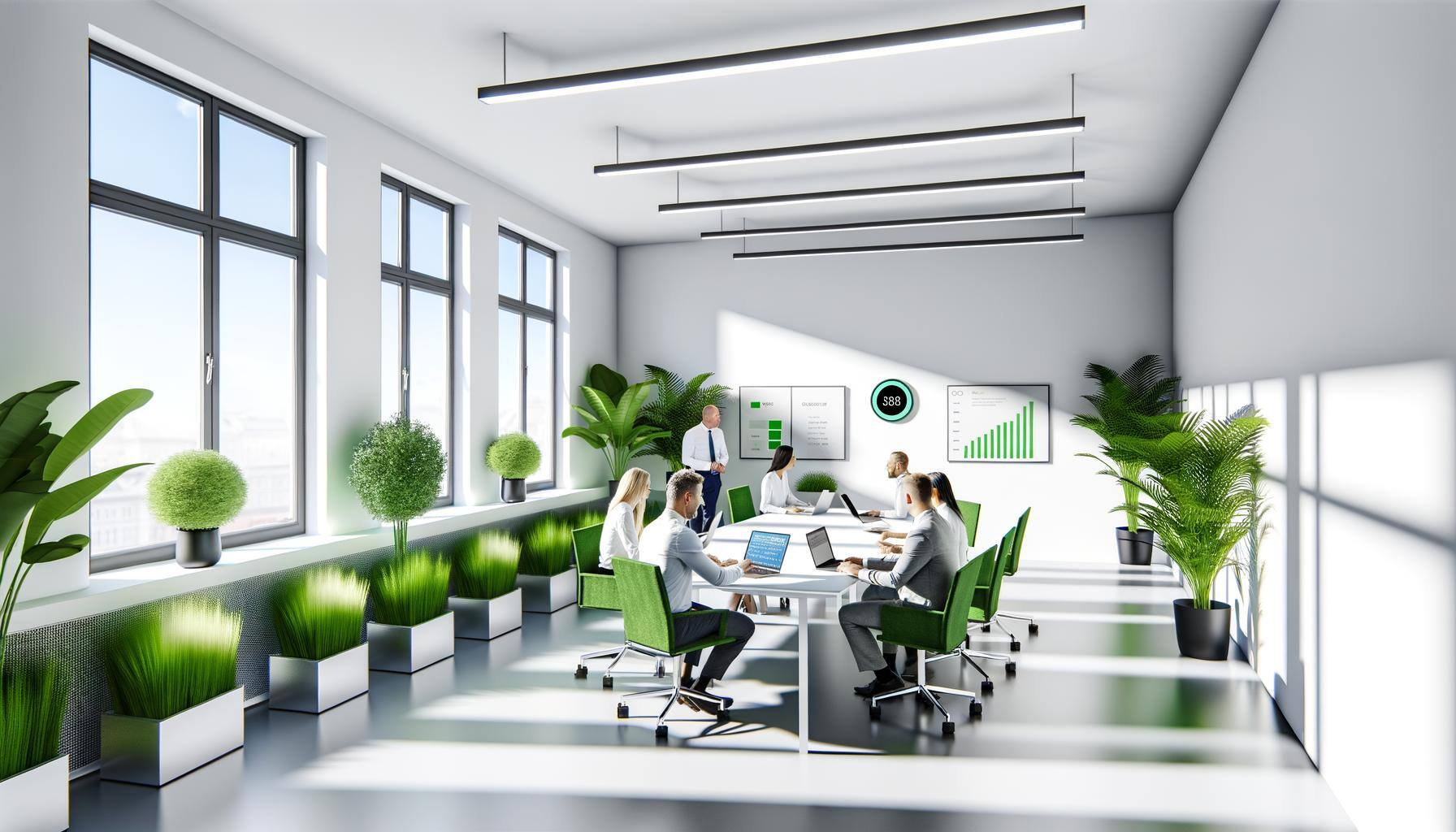 Visualize a modern office space bathed in natural light coming through large windows. The room is enhanced with a variety of green plants placed aroun