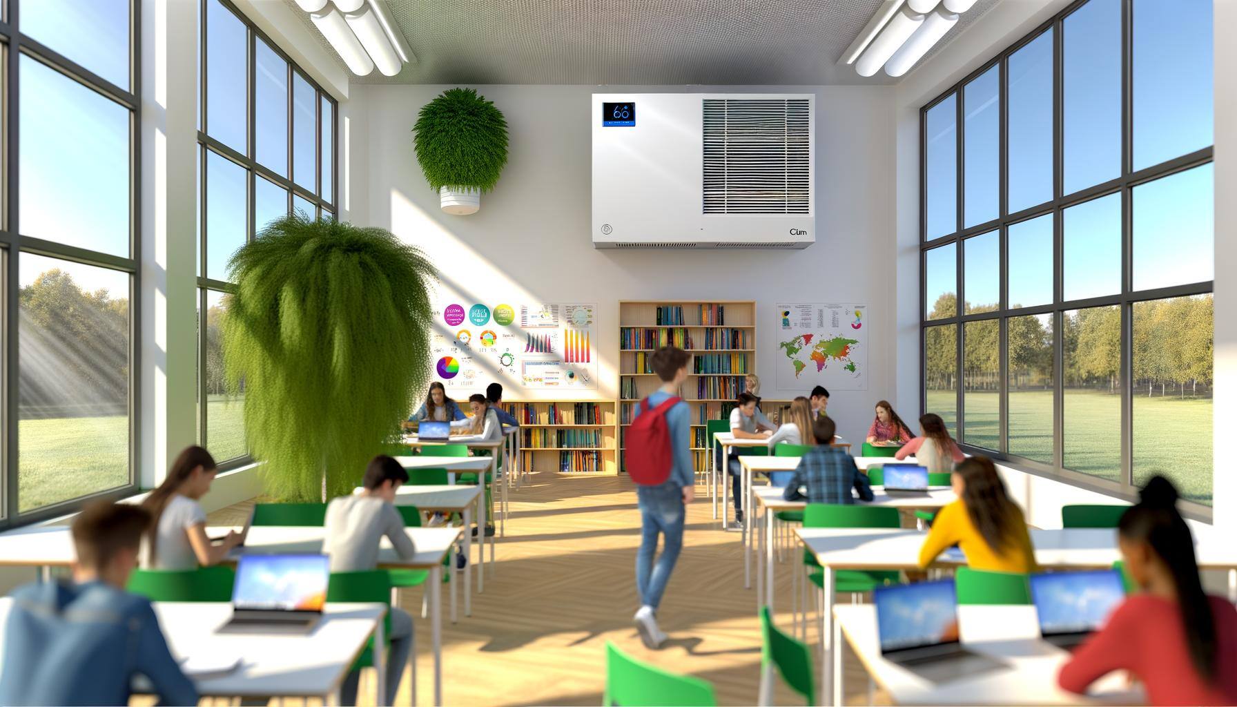 Imagine a modern classroom filled with beams of natural light that generously flow through large, wall-to-wall windows. In the foreground, there"s a h