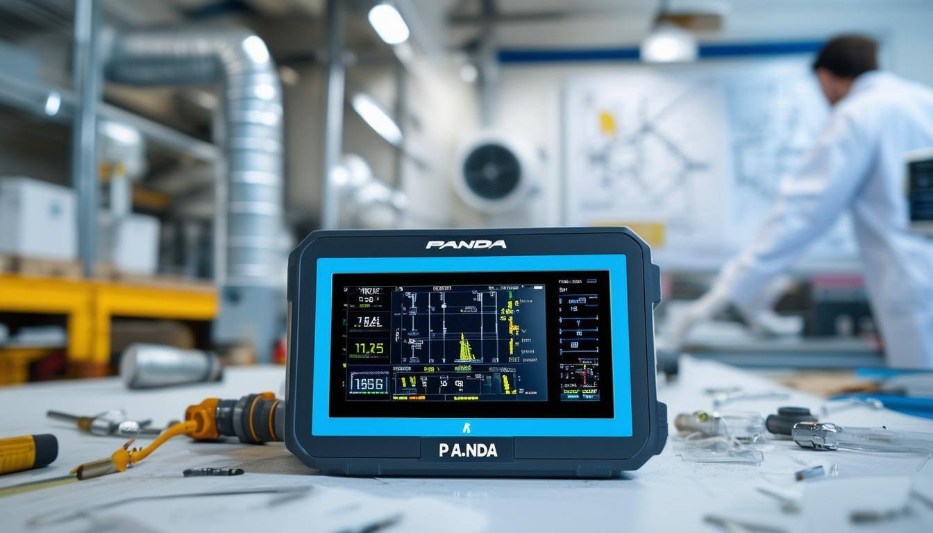 The image features the P.A.N.D.A. leak testing device prominently displayed on a clean, modern workbench. The device has a sleek, ergonomic design wit